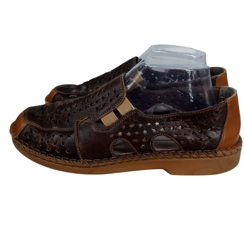 Rieker Brown Leather Slip On Comfort Loafers Size 40 US 9.5-10 Perforated